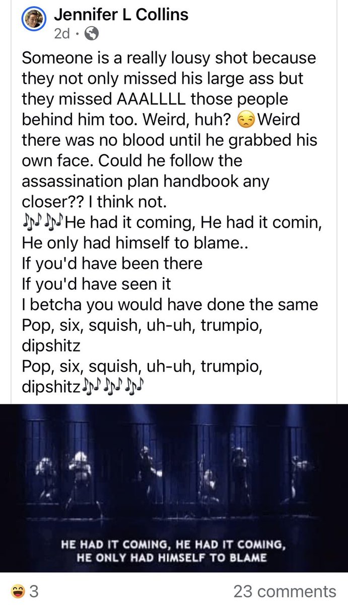 ImMeme0's tweet image. Meet Jennifer Collins. She is a professor in the American Studies department at the @UofAlabama.

She describes the Pennsylvania assassin as &quot;a really lousy shot&quot; who not only missed Trump but also the people behind him. She then suggests that Trump fake his own assassination and…