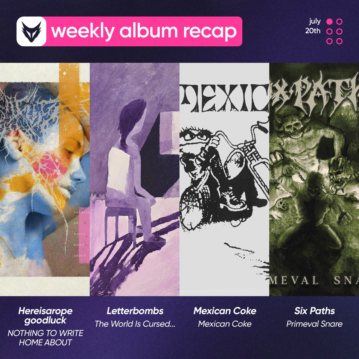 FOXCOREisdead's tweet photo. // Weekly album recap, Pt. I: July 20th

#Hereisaropegoodluck — NOTHING TO WRITE HOME ABOUT
#Letterbombs — The World Is Cursed...
#MexicanCoke — Mexican Coke - EP
#SixPaths — Primeval Snare - EP https://t.co/2KpQGkULQR