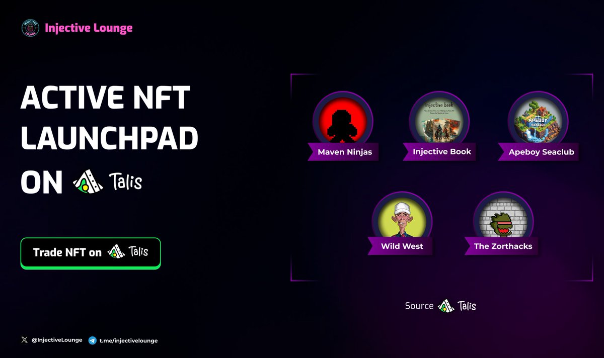 Injective Lounge π· (@injectivelounge) on Twitter photo Here are some active $INJ NFT Launchpad on <a href="/ProtocolTalis/">Talis Protocol</a> πΌοΈ
-> <a href="/MavenINJas/">MavenINJas</a>
-> @Stamps_2023
-> @ApeBoy_Inj
-> @WFugitiveCowboy
-> The Zorthacks Here are some active $INJ NFT Launchpad on <a href="/ProtocolTalis/">Talis Protocol</a> πΌοΈ
-> <a href="/MavenINJas/">MavenINJas</a>
-> @Stamps_2023
-> @ApeBoy_Inj
-> @WFugitiveCowboy
-> The Zorthacks