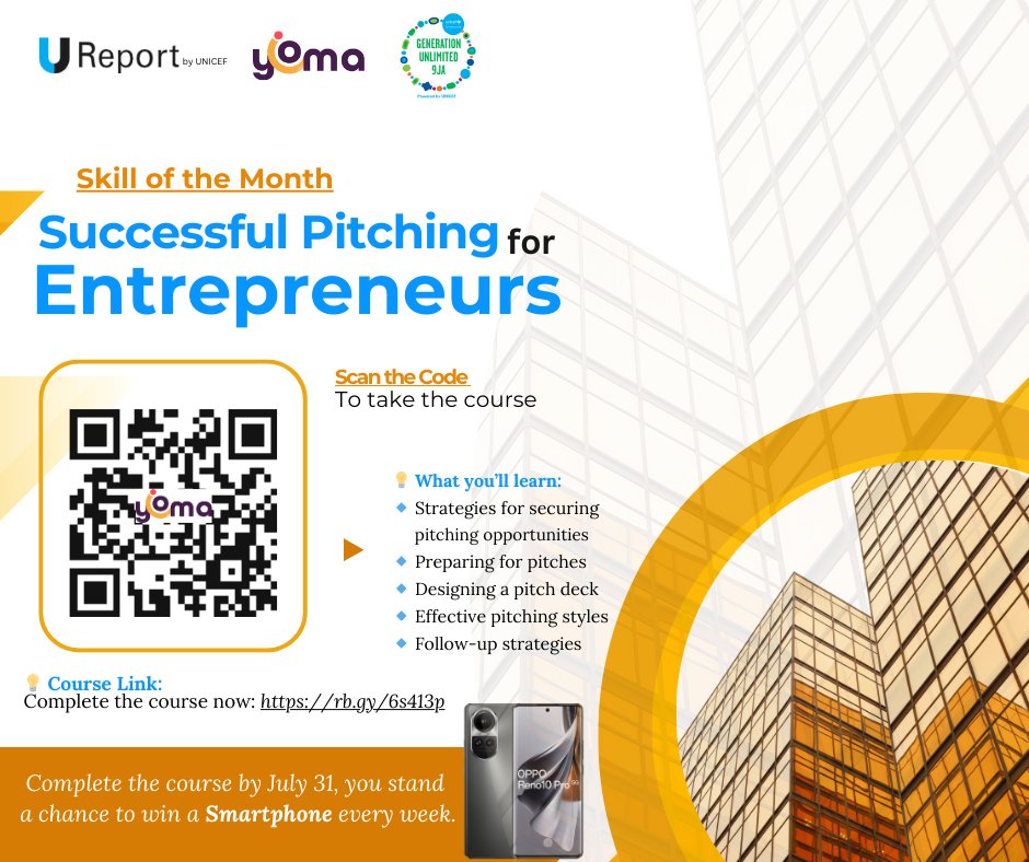 🚀 Have you completed the "Successful Pitching for Entrepreneurs" course? Upload your certificate on Yoma for a chance to win a smartphone! 📱 One winner each week until July 31.
Enroll now: rb.gy/6s413p and upload your certificate on Yoma: go.yoma.world/4begkoy