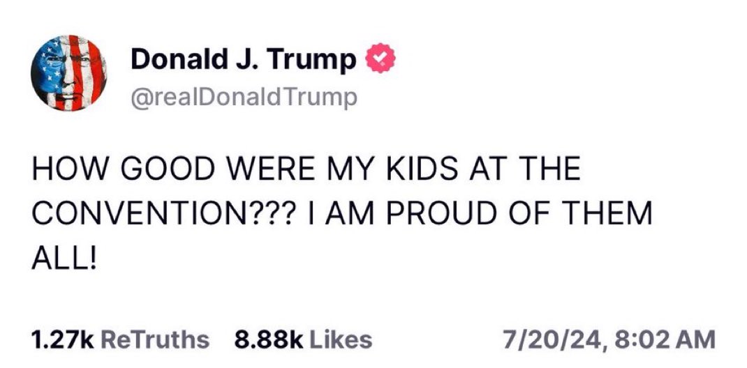 President Trump says he’s proud of his kids. 

We all are! What an amazing family!