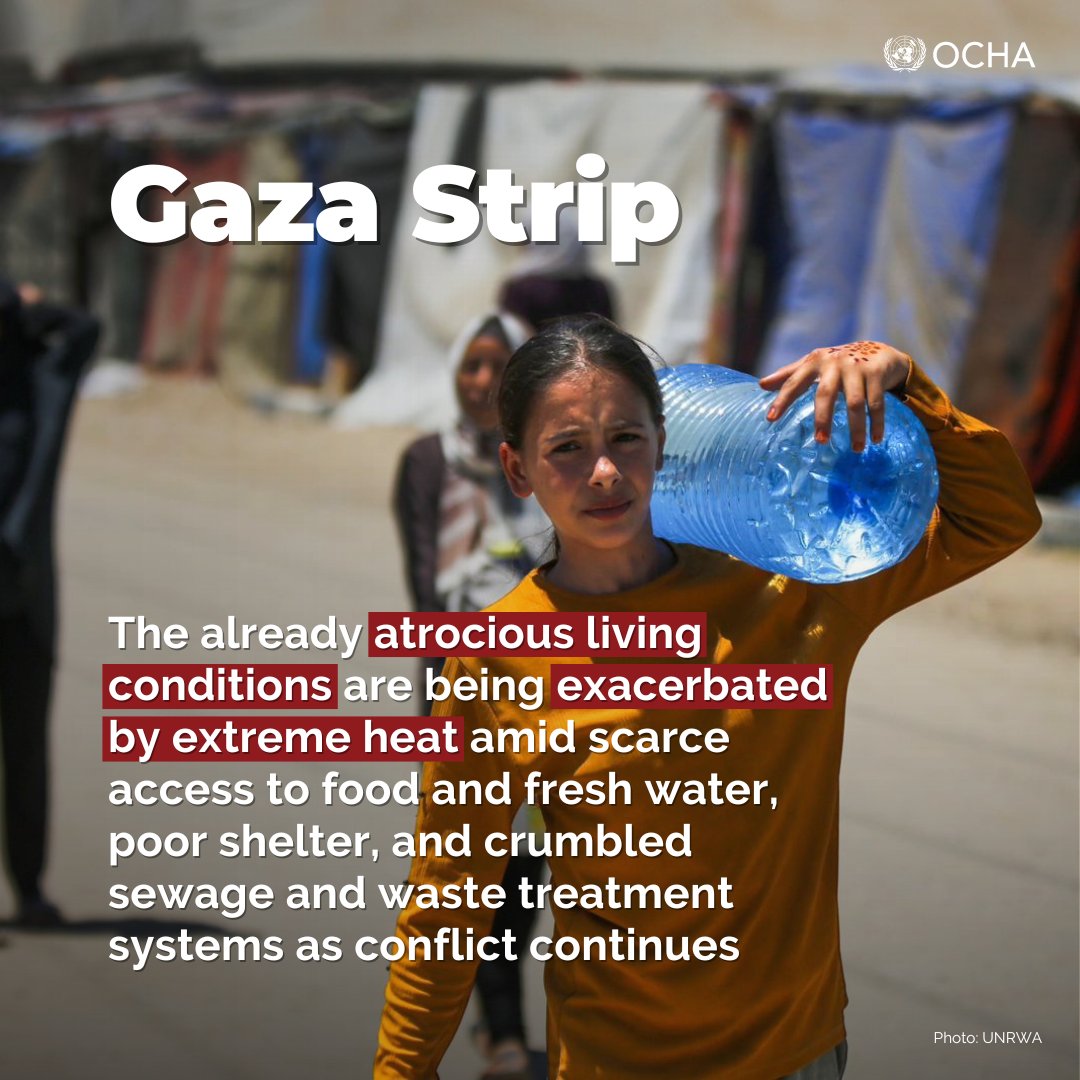 #Gaza: Searing summer heat and lack of clean drinking water, amid desperate sanitary conditions, increase the risk of dehydration and disease outbreaks.

Many displaced people are forced to endure this unbearably horrid situation in inadequate shelters, worsening their suffering.