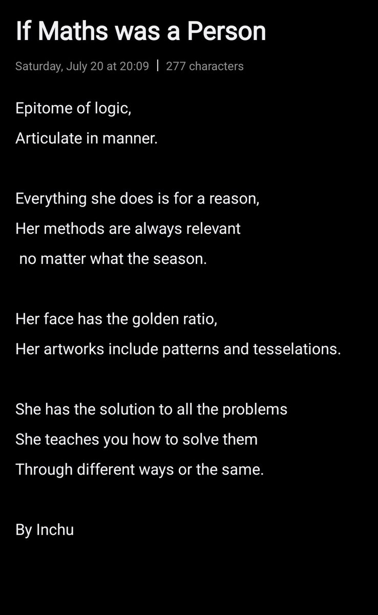 Inchu_here12's tweet photo. If Maths was a person ✨
#poets #poetic #poem #poetry #poesía #WritingCommunity #WritingPrompts #writingadvice #CreativeLocal #CreativeStudio #creativity #art #ArtInspiration #mathematics #Personality https://t.co/NBNToG1IxQ