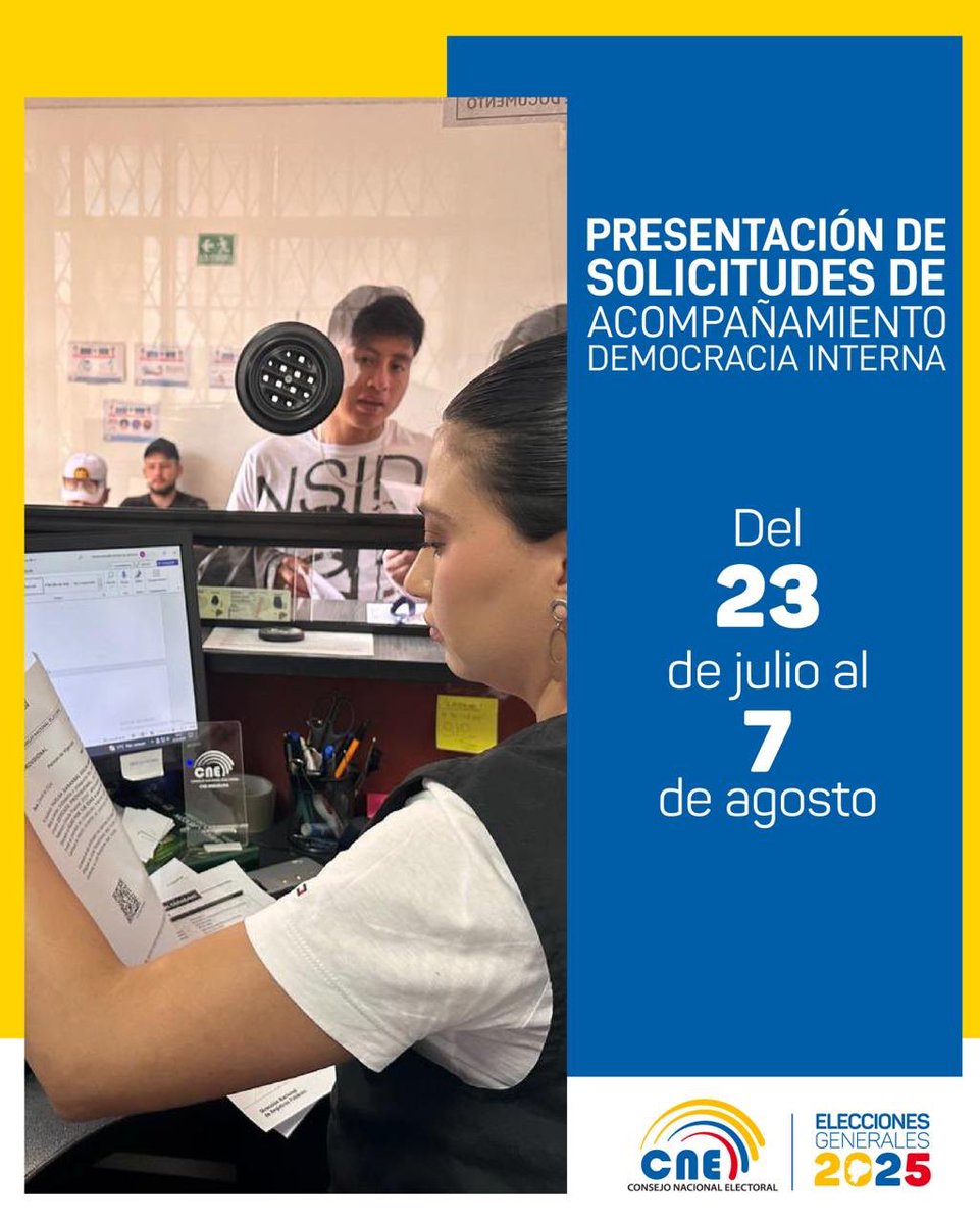 cnegobec's tweet photo. ATENCIÓN | Las organizaciones políticas habilitadas para participar en las #Elecciones2025Ec, 🇪🇨 deben solicitar el #AcompañamientoTécnicoCNE para sus procesos de democracia interna.

Recuerda que todas las listas de candidaturas deben provenir de #EleccionesPrimariasEc.

Los pedidos se receptarán  🙋‍♀️🙋‍♂️ a partir del martes, 23 de julio. 🗓️⤵️