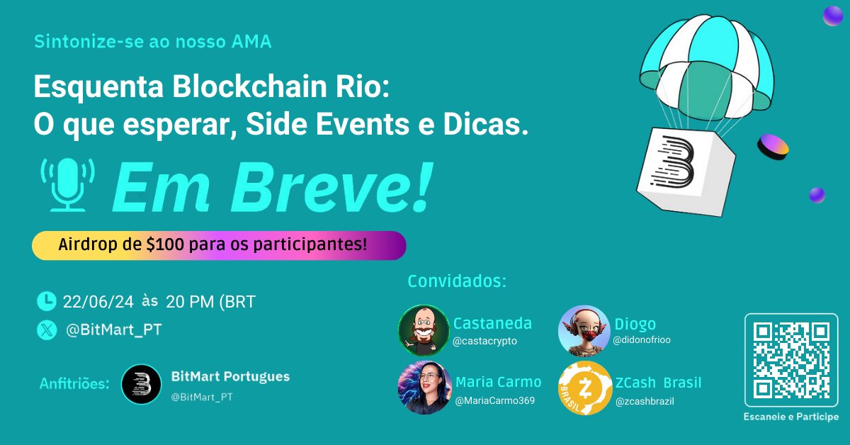 BitMart_PT's tweet photo. 📢 Prepare-se para o Blockchain Rio 2024 com nosso AMA exclusivo! 📢

Junte-se a nós para discutir as tendências do evento, os side events e receber dicas valiosas para aproveitar ao máximo esta experiência incrível!

🎙️Convidados Especiais:
@castacrypto : Expert em criptoativos e fundador da Casta Guilda.
@MariaCarmo369 : Renomada especialista em #CardanoADA .
@didonofrioo  : Fundador NFTalks e entusiasta de criptomoedas.
@zcashbrazil : Representantes da comunidade Zcash no Brasil.

⏰ 22 de julho, 20:00 BRT
🔗 Defina um lembrete: https://t.co/vbd7dY1J2P

🎉 Não perca a chance de participar do sorteio de $100 em criptomoedas!

O que esperar:
🚀 Insights dos principais inovadores em blockchain
🔍 Mergulho profundo nas tendências do evento e side events
💡 Descubra como projetos pioneiros estão moldando o ecossistema blockchain

💎 Como participar do sorteio:
1. Siga @BitMart_PT 
2. Curta e retweet (RT) este post.
3. Compartilhe um print de você acompanhando o AMA

Prepare-se para explorar, aprender e ganhar! 🚀

#BlockchainRio2024 #BitMart #NFTalks #AMA #blockchain #Cripto #Airdrop
