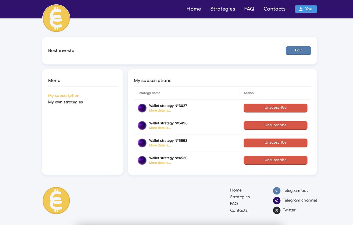Managing strategies is very easy!

After authorization you will be able to subscribe and unsubscribe from strategies in your personal cabinet directly on the site.
For all subscribed strategies you will receive events in the Telegram bot. 

You will only have to repeat the swap