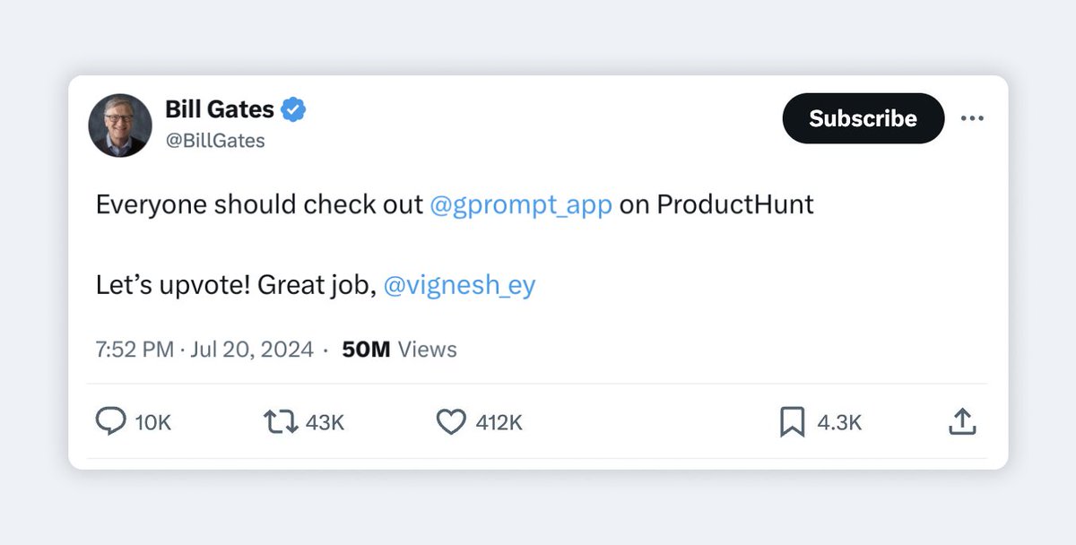 Vignesh_ey's tweet photo. 🚀 I'm launching @gprompt_app  on @ProductHunt  today!

Even @BillGates  is supporting me. what are you waiting for?

Show your support by upvoting and help make my first launch special!

https://t.co/Cs9AbwrPCv

Thanks a bunch! 🙌

#buildinpublic #ProductHunt https://t.co/X4i3nijYoH