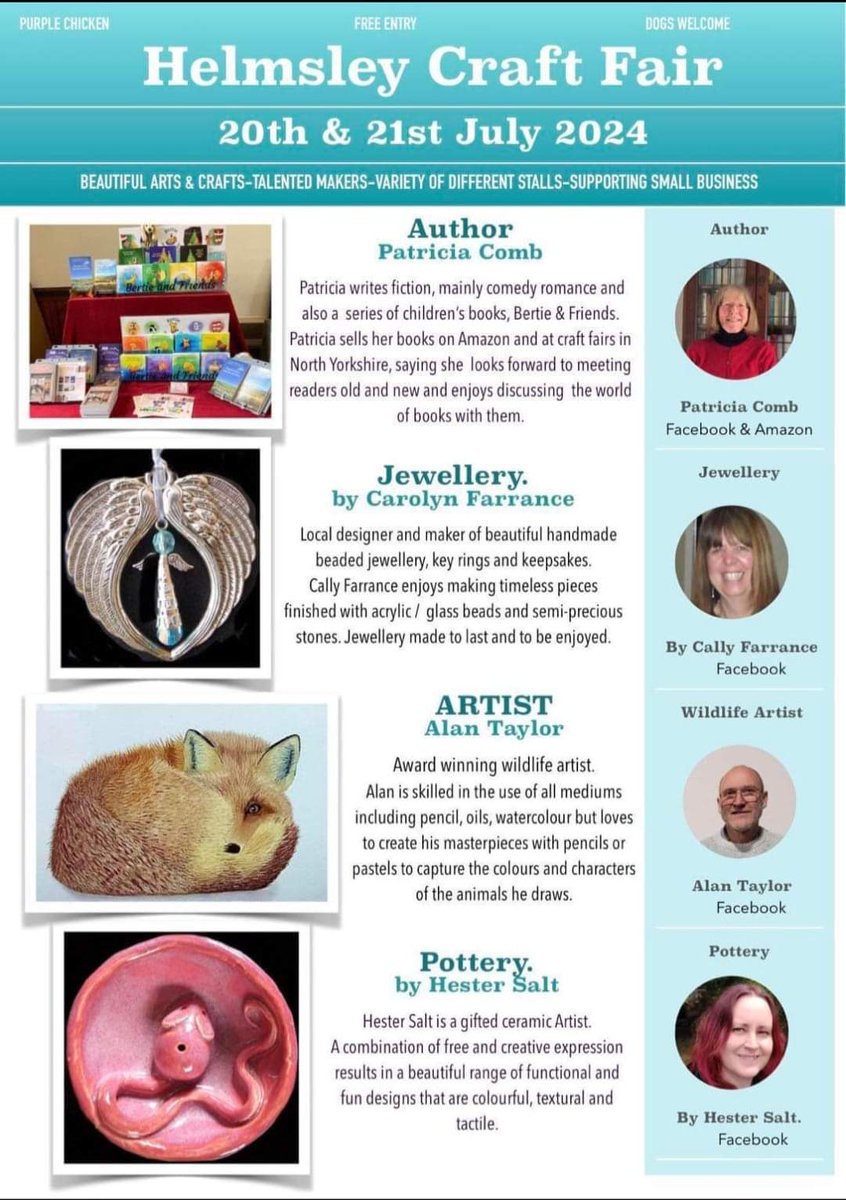 VisitHelmsley's tweet photo. Craft Fair in Helmsley Town Hall this weekend.

Free entry, dog friendly &amp; full of talented makers.

10am to 4pm both days.

Hope to see you there! 

#helmsley #shoplocal #giftideas #wildlifeartwork #TreatYourself #shopsmallshoplocal #shopsmallhandmadeuk https://t.co/zDrjWXKduP