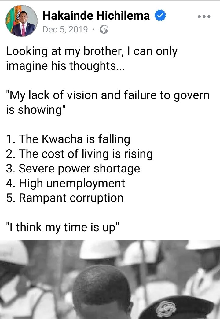 MergeZambia's tweet photo. On December 5, 2019, he made a post about his colleague who was then in power. Now, it's his turn, and he has nothing to show for it. He has miserably failed; the nation is on the brink of collapse: too much theft in his government, energy failures, high cost of living etc. https://t.co/d7SV0iBgZI