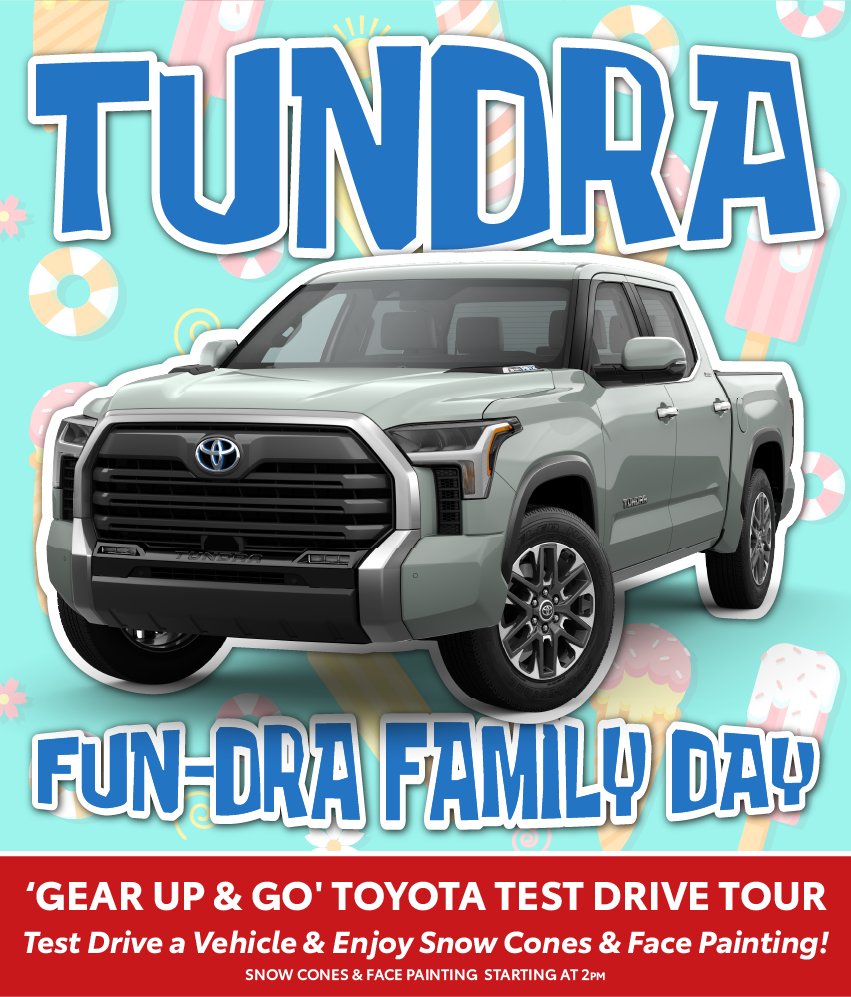 eddystoyota's tweet photo. 🚗🔥 Day 6 of our Toyota Test Drive Tour is here!

Bring the whole family to experience Toyota's most popular trucks and SUVs, including the legendary Tundra. While you're here, enjoy free snow cones and face painting starting at 2pm!

Details: https://t.co/SgXICmTIDv https://t.co/mRVOdGSMAq