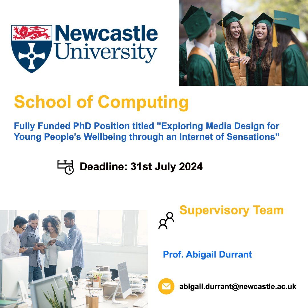 PhDScanner (@phdscanner) on Twitter photo 📌Project 2⃣: Fully funded #PhDPosition titled "Exploring Media Design for Young People’s #Wellbeing through an Internet of Sensations"
✅ Work with amazing Prof <a href="/abigail_durrant/">Abigail Durrant</a> & team <a href="/OpenLab_Ncl/">Open Lab - Newcastle University</a>
⏰Deadline: 31st July 2024
✅ Source/ Full Details 👇 📌Project 2⃣: Fully funded #PhDPosition titled "Exploring Media Design for Young People’s #Wellbeing through an Internet of Sensations"
✅ Work with amazing Prof <a href="/abigail_durrant/">Abigail Durrant</a> & team <a href="/OpenLab_Ncl/">Open Lab - Newcastle University</a>
⏰Deadline: 31st July 2024
✅ Source/ Full Details 👇