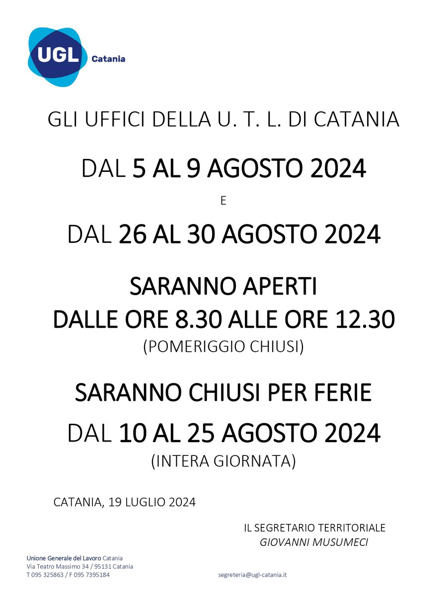 Comunicazione importante! Giornate e orari di apertura della <a href="/UglCatania/">Ugl Catania</a> nel mese di #Agosto.