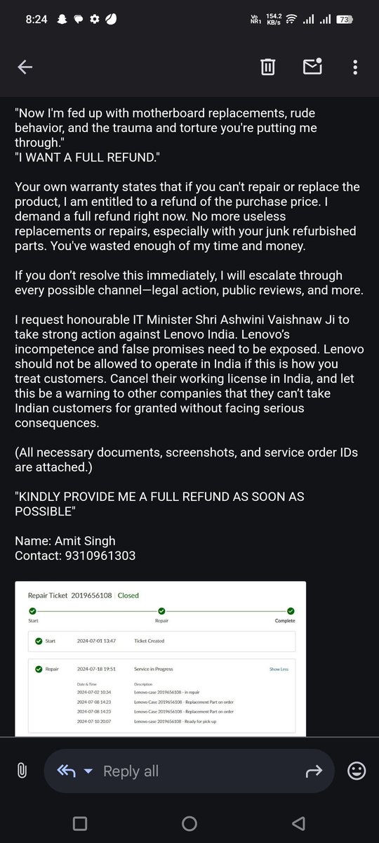 NatureValley92's tweet photo. Pathetic And Worst Service Of Lenovo India.
#PatheticServiceByLenovo
#LenovoShouldBan
@JeanLiuQing 
@Lenovo_in 
@rahul610 
@YuanqingYang 
@GinaQiao 
@doshiamitk 
@AshwiniVaishnaw 
@PMOIndia 
@LenovoLegion 
@Lenovo 
@LenovoSupport 
@nch1915 https://t.co/BvBR55zTDU