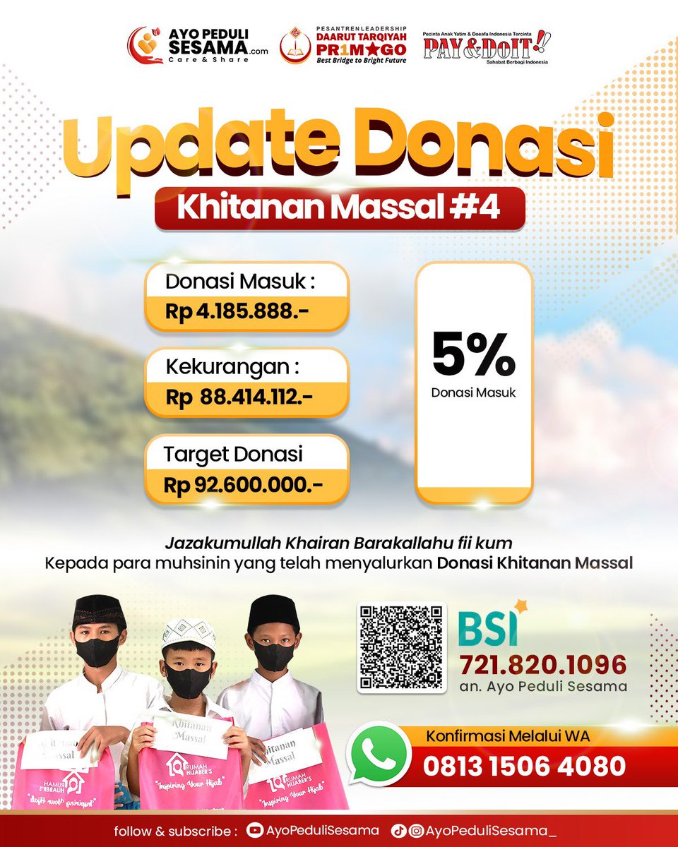 Buat semuanya yang mau sedekah dimana, bisa banget nih ikutan sedekah mulai dari 5k dst. Akumulasi dari sedekah yang temen temen berikan akan digunakam untuk pelayanan khitan, santunan dan bingkisan bagi 150 adik yatim, piatu, yatim piatu dan Doeafa
ayopedulisesama.com/khitanan-massa…