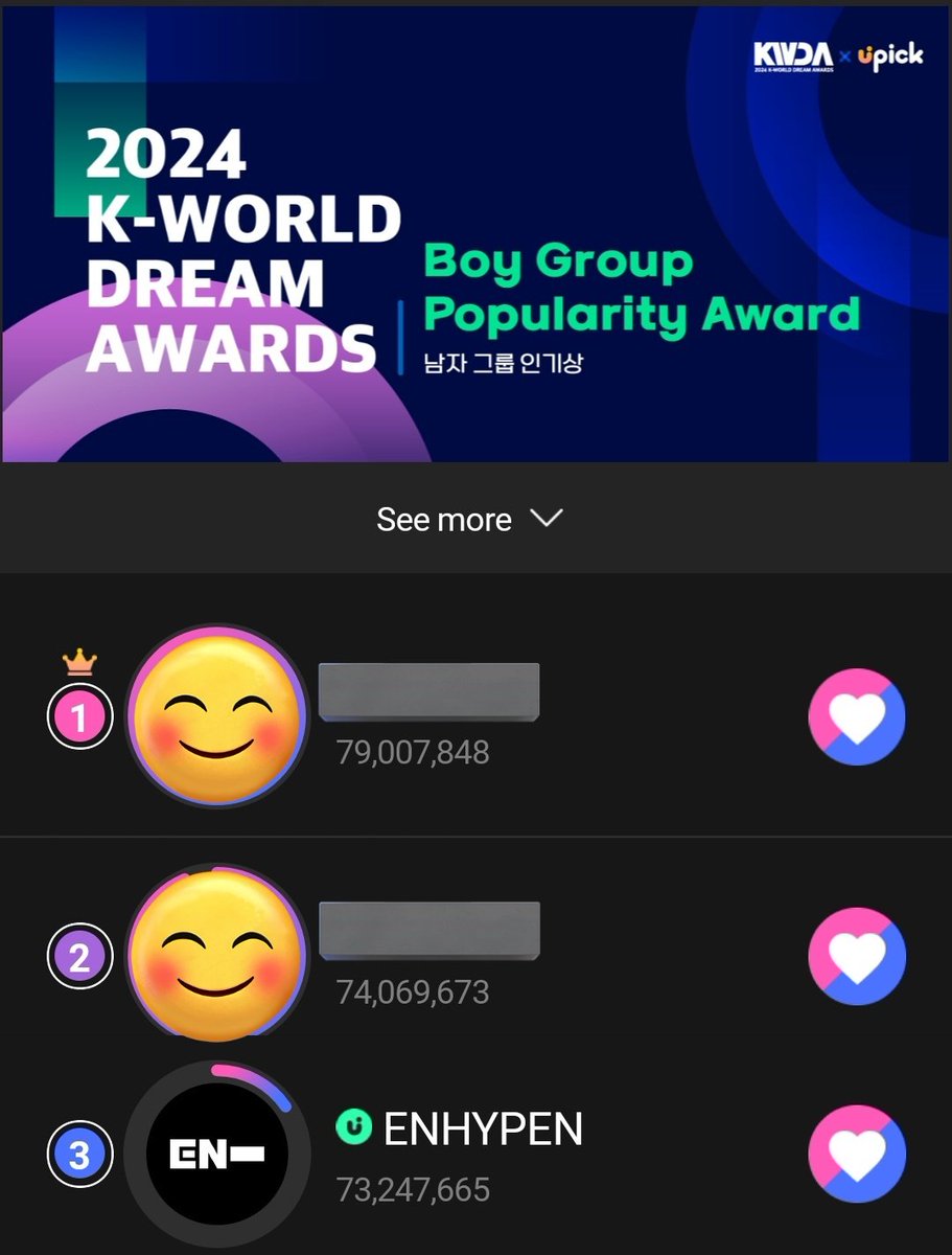 [#UPICK] 240721 — 2024 K-WORLD DREAM Awards Vote Reminder

ENGENEs! #ENHYPEN is nominated under Boy Group Popularity Award. Keep COLLECTING BLUE JAMS and join RT deals! Keep lessening the gap 🔥

🥇 E**                — 79,007,848
🥈 B**                — 74,069,673
🥉 ENHYPEN —