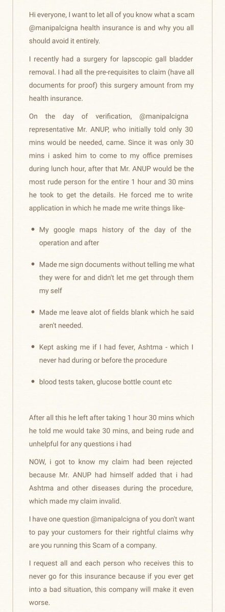 DhawanTaru6327's tweet photo. Hi everyone, I want to let all of you know what a scam @manipalcigna health insurance is. The worst customer service and the worst people working there helping in this scam.
@cmohry @JPNadda 
#IRDAI #insurance #healthinsurance #fraud #SCAM https://t.co/JoK2cQ4yKX