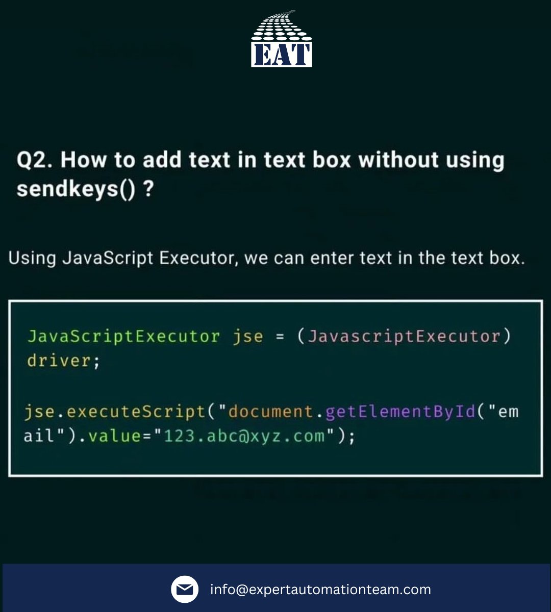 EATAutomation's tweet photo. Selenium Interview Questions 🚀🚀

Follow for more posts related to software testing.

#seleniumwebdriver #selenium #automationtesting #automationtool #interview #interviewquestions #ExpertAutomationTeam https://t.co/FBKyVw2zNC