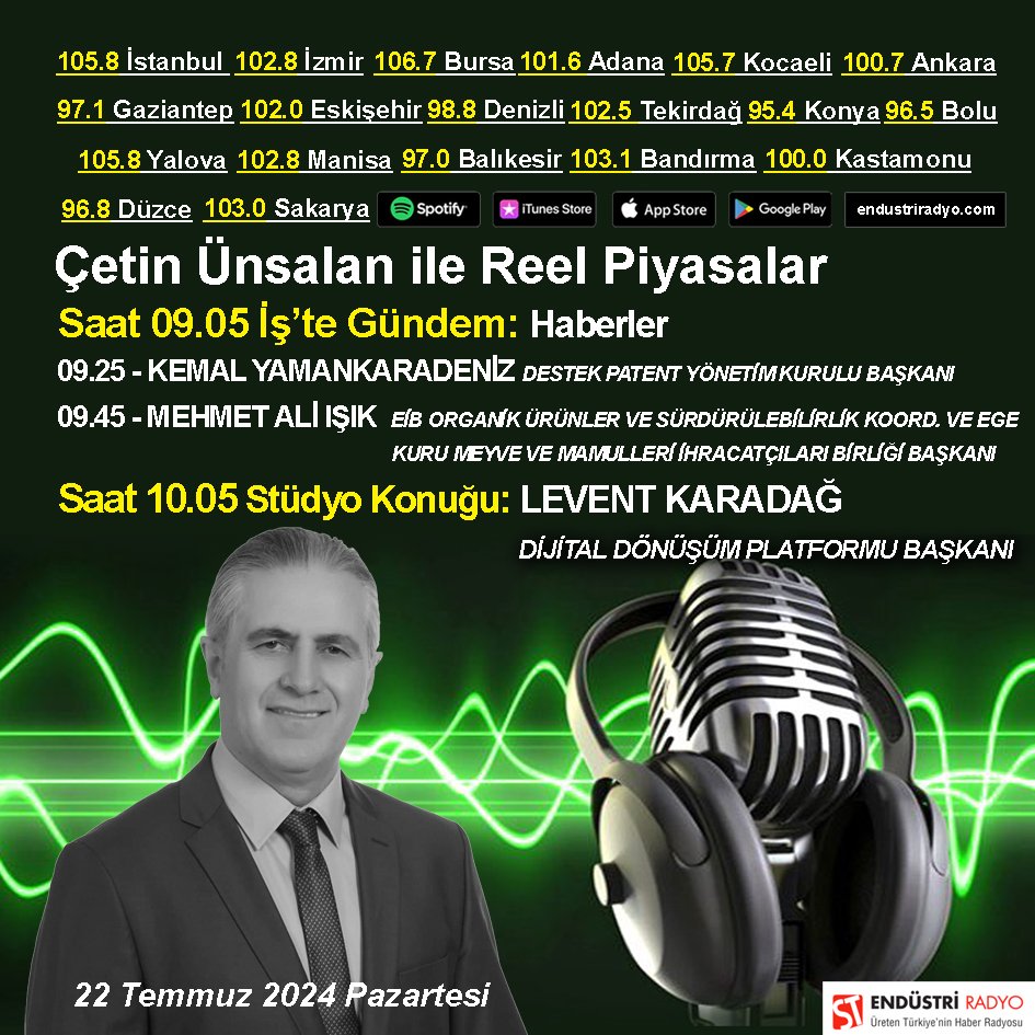 ÇETİN ÜNSALAN İLE REEL PİYASALAR ENDÜSTRİ RADYO'DA... Sınai haklarda turizmin gücü; 50 Milyar dolarlık tarım ihracatı için EİB-İTG işbirliği; Kazakistan’ın yazılım hamlesi ve Türk bilişim sektörü <a href="/stendustriradyo/">ST Endüstri Radyo</a> <a href="/reelpiyasalar/">ReelPiyasalar</a> <a href="/LeventKaradag/">Levent Karadağ</a> <a href="/kemalyamankara1/">kemal yamankaradeniz</a> <a href="/mehmetaliisik_/">Mehmet Ali Işık</a>