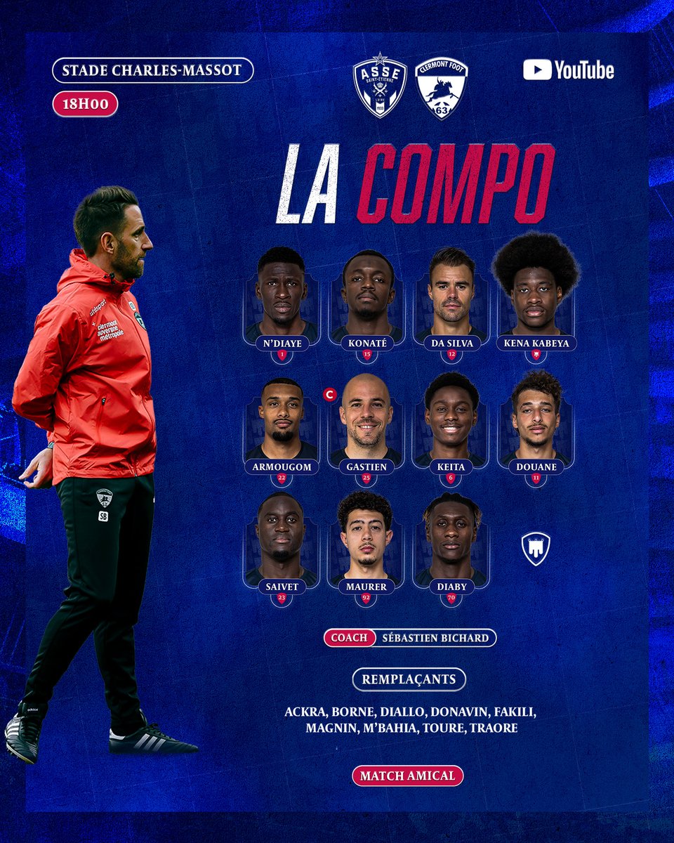 ClermontFoot's tweet photo. 📋 Découvrez 𝗹𝗮 𝗰𝗼𝗺𝗽𝗼 de Sébastien Bichard pour la première période face à l'@ASSEofficiel 🌋

📺 Regardez le match en live ➡️ https://t.co/ZvDAysOF5t https://t.co/CfF84rgmJc