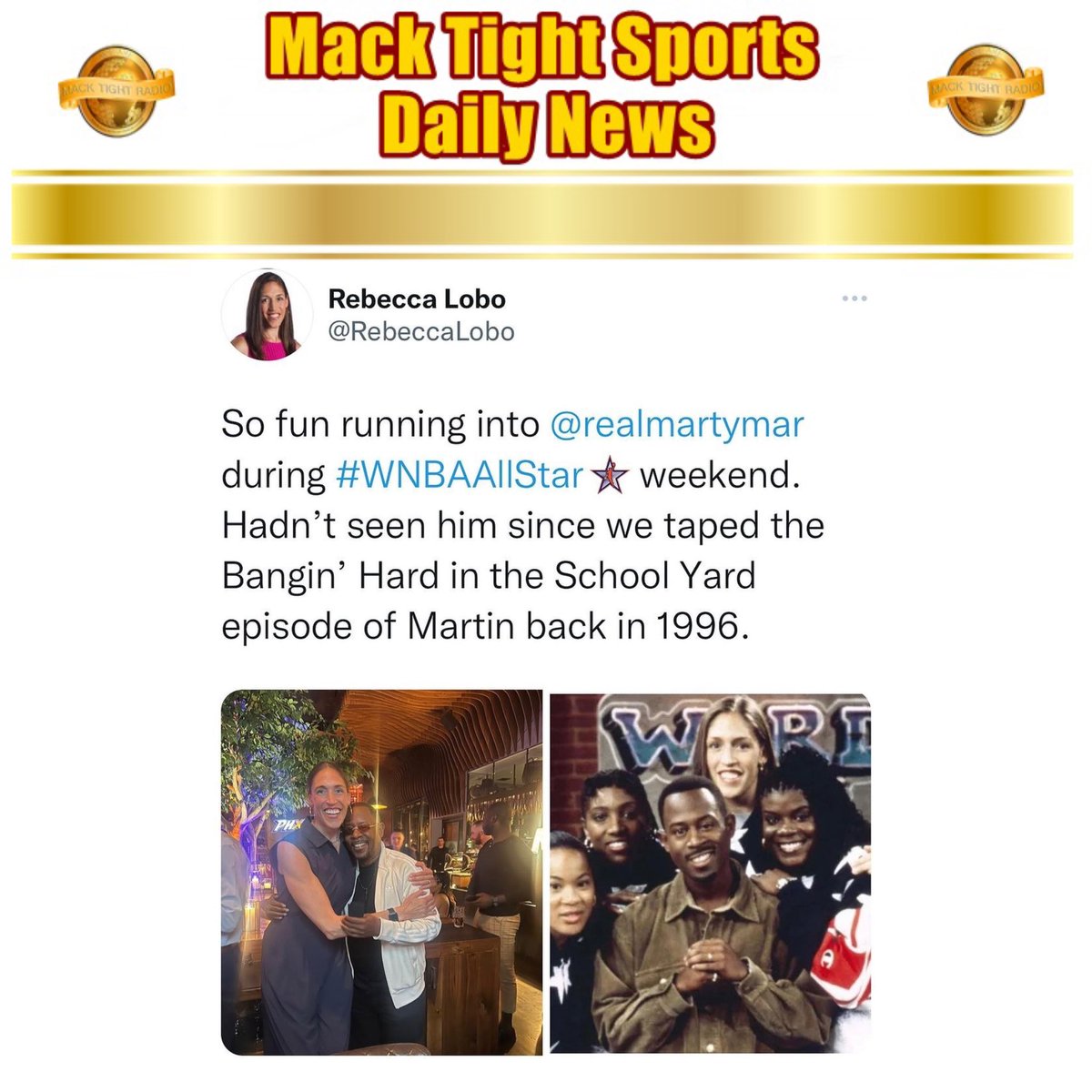 MackTightRadio's tweet image. Former #WNBAPlayer #RebeccaLobo speaks on running into #MartinLawrence in #Phoenix during #WNBAAllStarWeekend 👀 #WNBA - #MackTightRadio 📻 #Ready2LearnShow 🧐 [Watch #MackTightTV On #RokuTV ❌ #FireTV On Channel #MackTight ❌ LISTEN TO Mack Tight Radio on