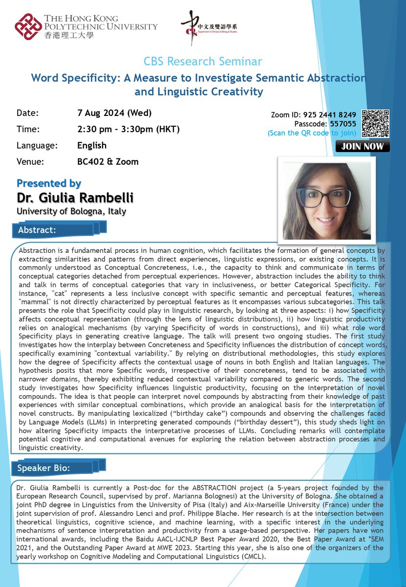 Emmanuele Chersoni (@emmanuelechers1) on Twitter photo Next CBS Seminar!
Wed, Aug 7, 2:30 PM Hong Kong time
BC402 PolyU Hung Hom Campus and online on Zoom
Speaker: <a href="/g_rambelli/">Giulia Rambelli (she/her)</a> (University of Bologna)
Title: Word Specificity: A Measure to Investigate Semantic Abstraction and Linguistic Creativity Next CBS Seminar!
Wed, Aug 7, 2:30 PM Hong Kong time
BC402 PolyU Hung Hom Campus and online on Zoom
Speaker: <a href="/g_rambelli/">Giulia Rambelli (she/her)</a> (University of Bologna)
Title: Word Specificity: A Measure to Investigate Semantic Abstraction and Linguistic Creativity