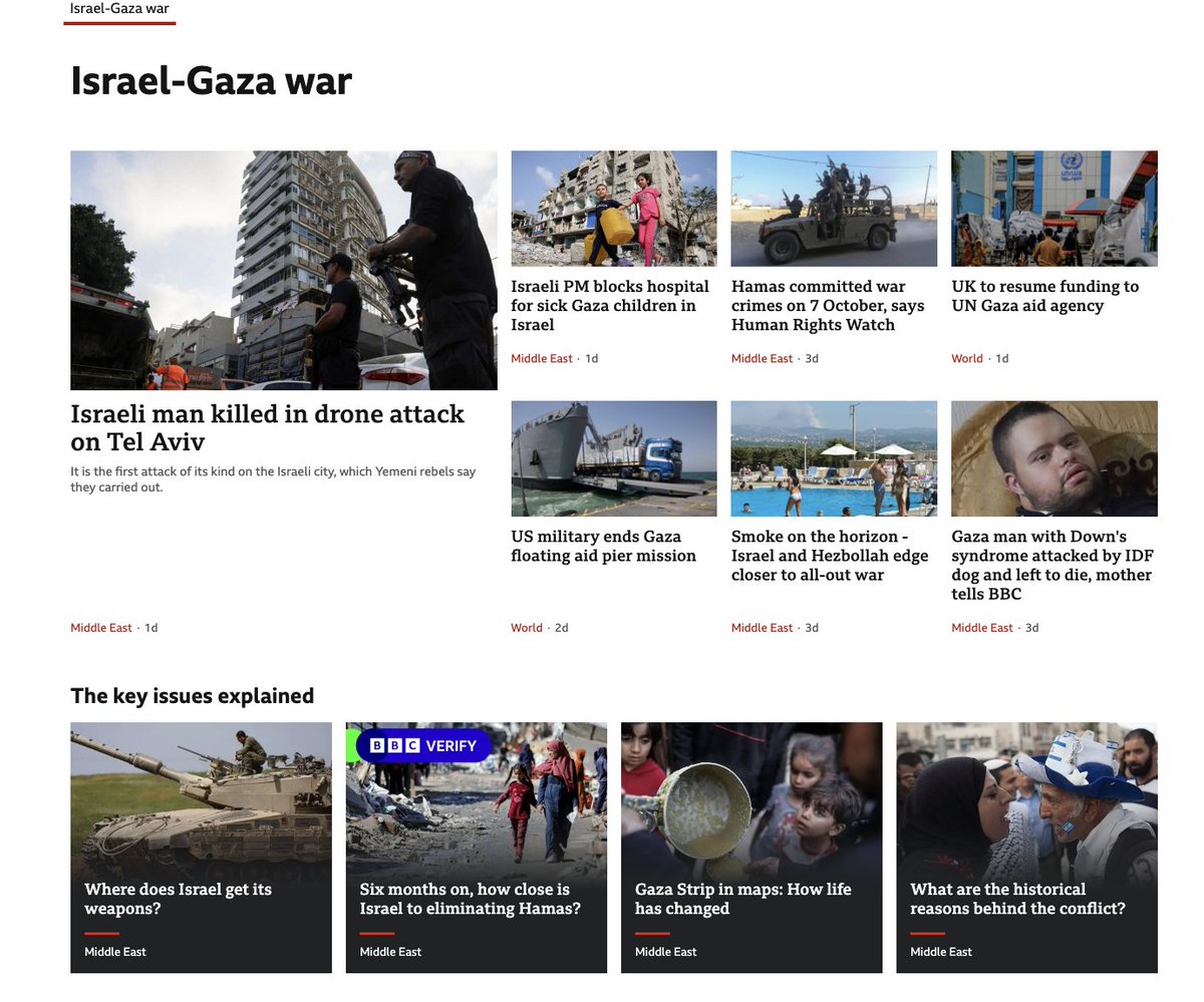 Doylech's tweet photo. Dear @BBCWorld @bbcnews, yesterday @CIJ_ICJ delivered one of the most remarkable advisory opinions in the history of the Court - deeming Israel's occupation to be illegal - yet today here is your Israel Gaza page? The ruling does apply to Gaza as being occupied https://t.co/ltvzreziMt