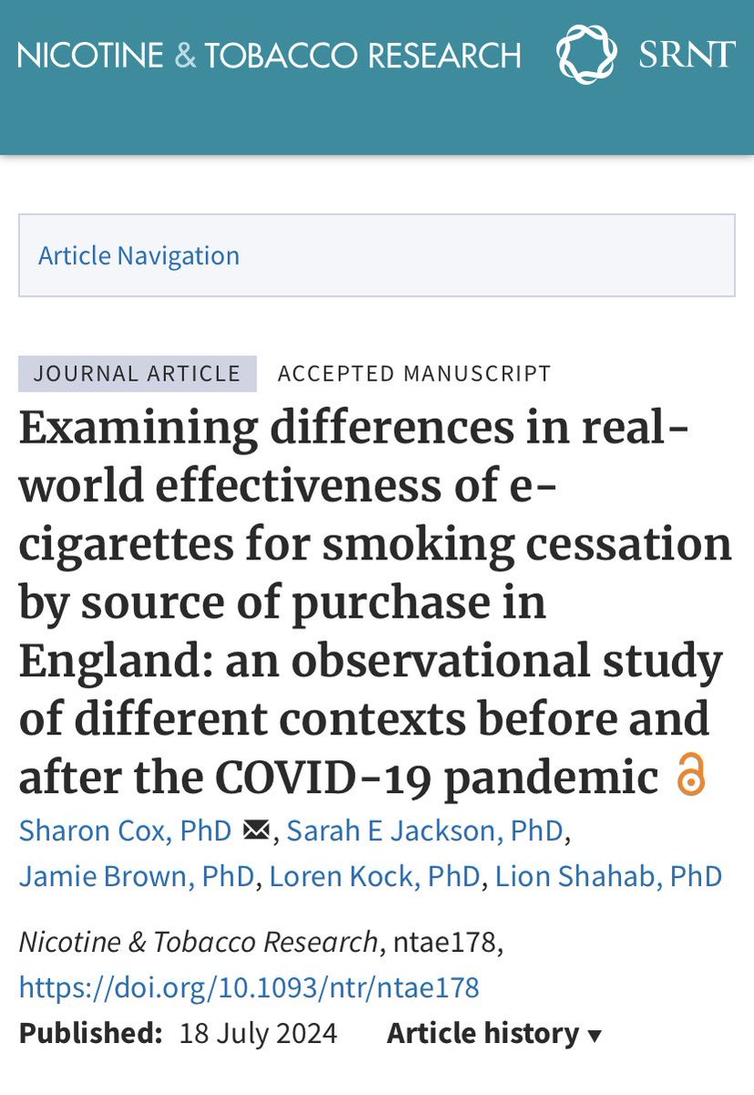 New paper led by <a href="/Sharon_ACox/">Sharon Cox</a> investigates whether e-cigarettes are more effective for smoking cessation if they’re bought from vape shops vs other sources.

TLDR: they might be, but more data are needed - adjusted OR=1.25 [95%CI 0.92-1.76]

academic.oup.com/ntr/advance-ar…