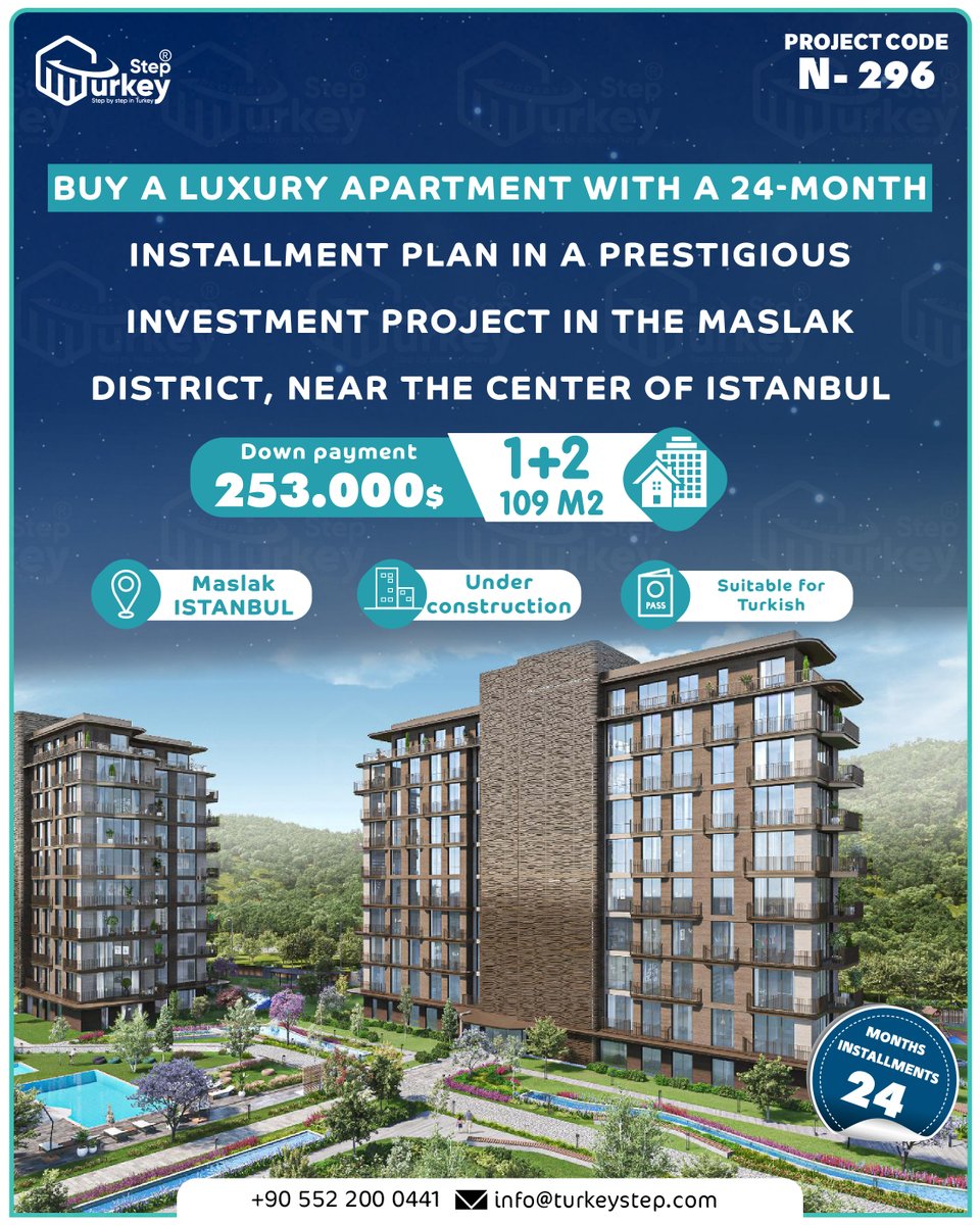 TurkeyStep's tweet image. Buy a luxury #apartment with a 24-month #installment plan in a prestigious #investment project in the #Maslak district, near the center of #Istanbul
2+1 Flat 109 m2
Down payment 253.000$
The #Project Suitable for #Turkish_citizenship
Maslak istanbul
00905522000441
00905522000442