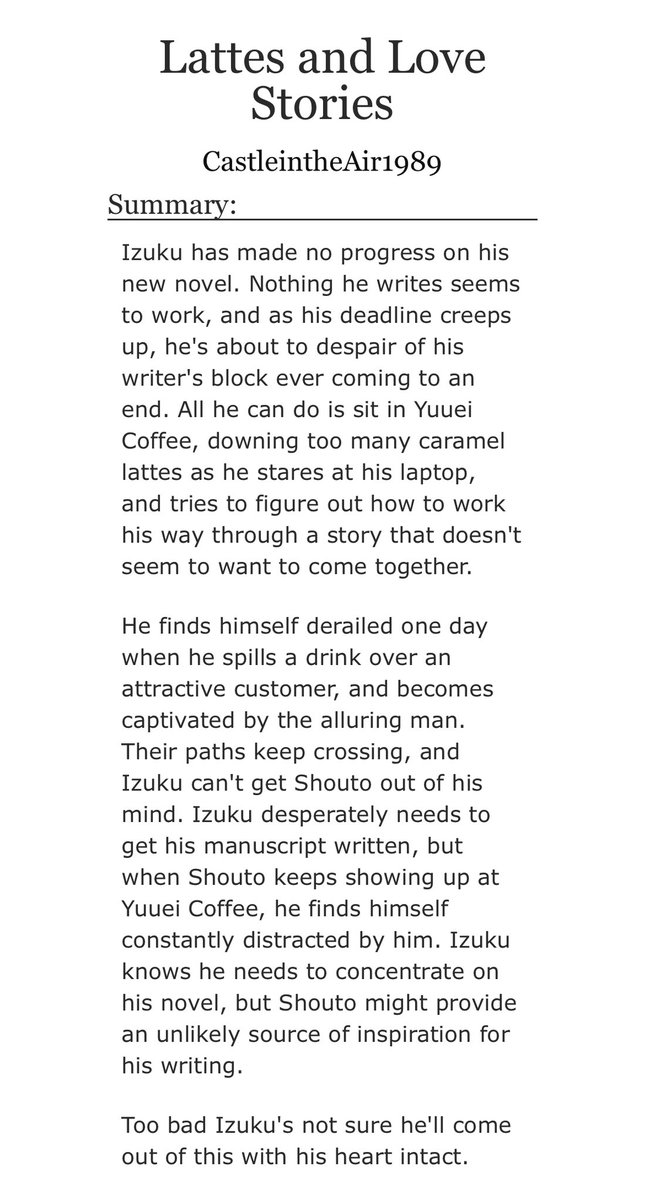 CastleWrites89's tweet photo. Izuku himself derailed one day when he spills a drink over an attractive customer at Yuuei Coffee, and becomes captivated by the alluring man.

https://t.co/TJ752KIknv

@tododekubigbang @chiasa_art

#tddk #ficrec https://t.co/J8fIygYj2H