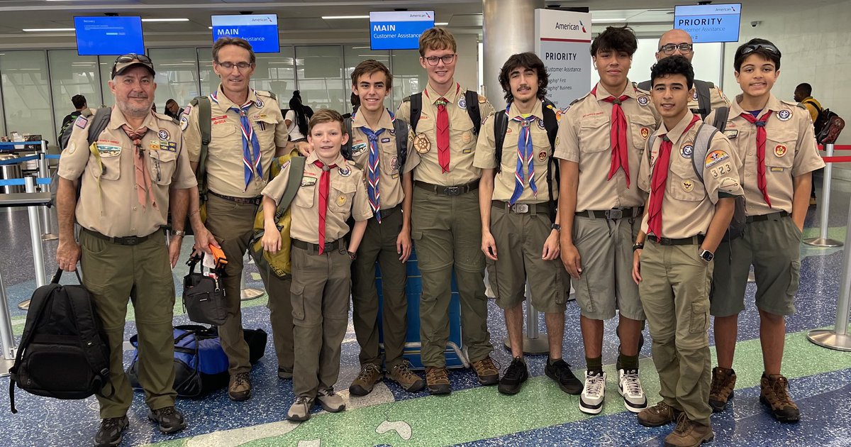 siriterjesen's tweet photo. My 14 year old son, husband, & others in @boyscouts Troop 323 headed to #Philmont camp ๐๏ธ for 2 weeks after a year of preparation. Grateful @AmericanAir online & on-time after #Crowdstrike outage! https://t.co/cdLzUuJiuo