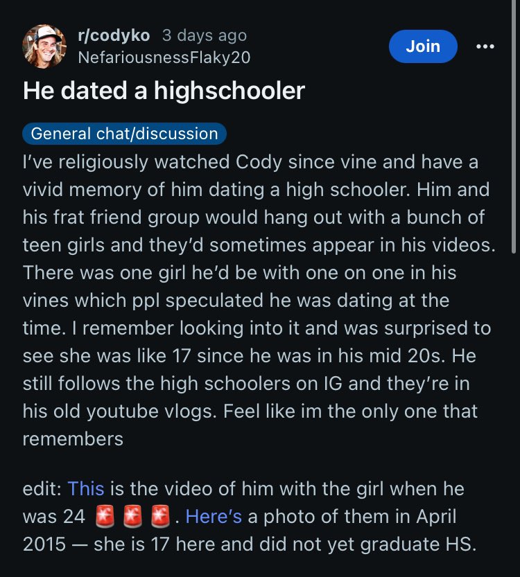 nuclearfem's tweet photo. not only did cody ko take advantage of 17 year old tana he also dated a high schooler back in 2015 https://t.co/q7Oga010Y4