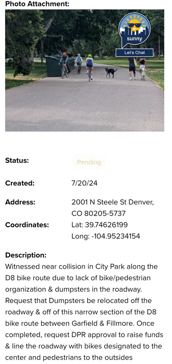 BryanByBike's tweet photo. It's difficult to catch these near collisions in a photo...
When I report these issues to #311Denver, I get responses that I feel are dismissive.
@jolonclark needs to address these concerns or be replaced as @denverparksrec Director with someone who will.
#VisionZero https://t.co/69VIBWjmLa