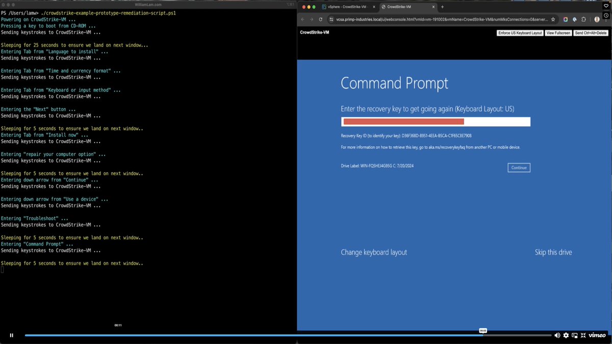 lamw's tweet photo. [New] - Useful vSphere Automation techniques for assisting with CrowdStrike remediation https://t.co/S6JXRfdXim

☝️Ability to send VM Keystrokes using vSphere API is still one of the lesser known yet super powerful capability of our platform! Hope this can help our IT admins 🙏 https://t.co/vWUrA99qSu