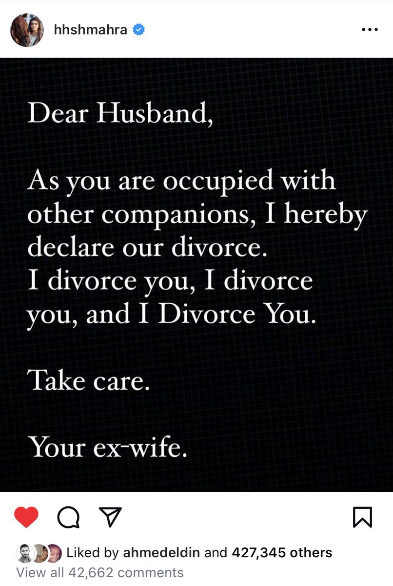 Almost on X: ""Dear husband, as you are occupied by other companions, I declare by this our divorce. I divorce you, I divorce you and I divorce you. Take care of yourself. Your ex-wife," Sheikha