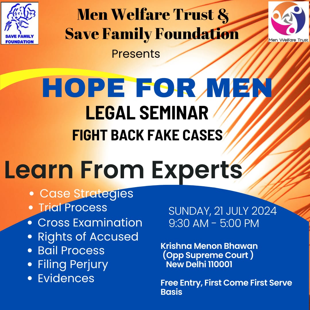 voiceformenind's tweet photo. ATTENTION DELHI | #HopeForMen Seminar is Back
Legal seminar for matrimonial cases organized by @MenWelfare & @SFFNGO
In case they live stream or upload link online, we will share the same accordingly
If you are in Delhi tomorrow, do join (all details below)
SIF ONE NATIONAL HELPLINE FOR MEN | +91 8882 498 498
#VoiceForMen
@TheAmitLakhani
