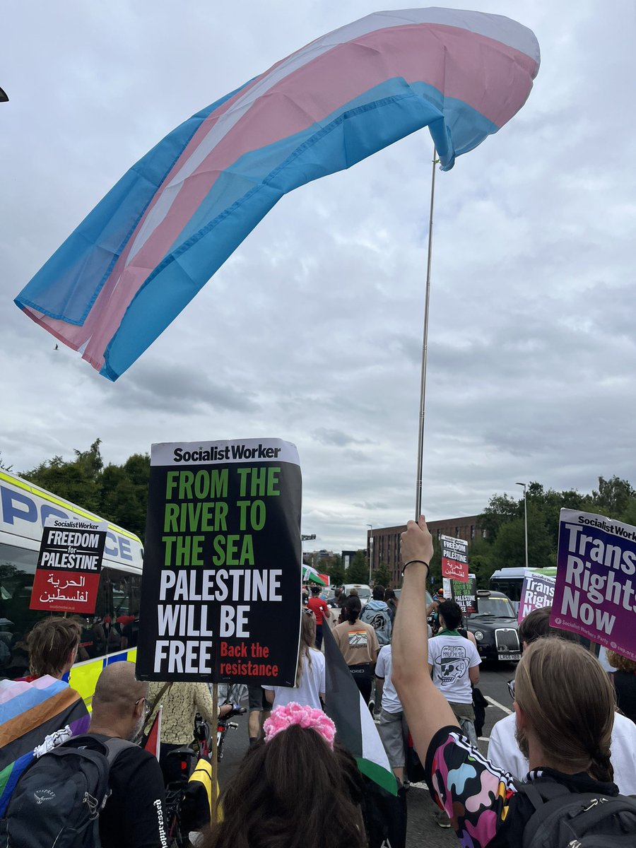 Marching at Glasgow Pride today in the pro-Palestine block. 

There is no pride in genocide.