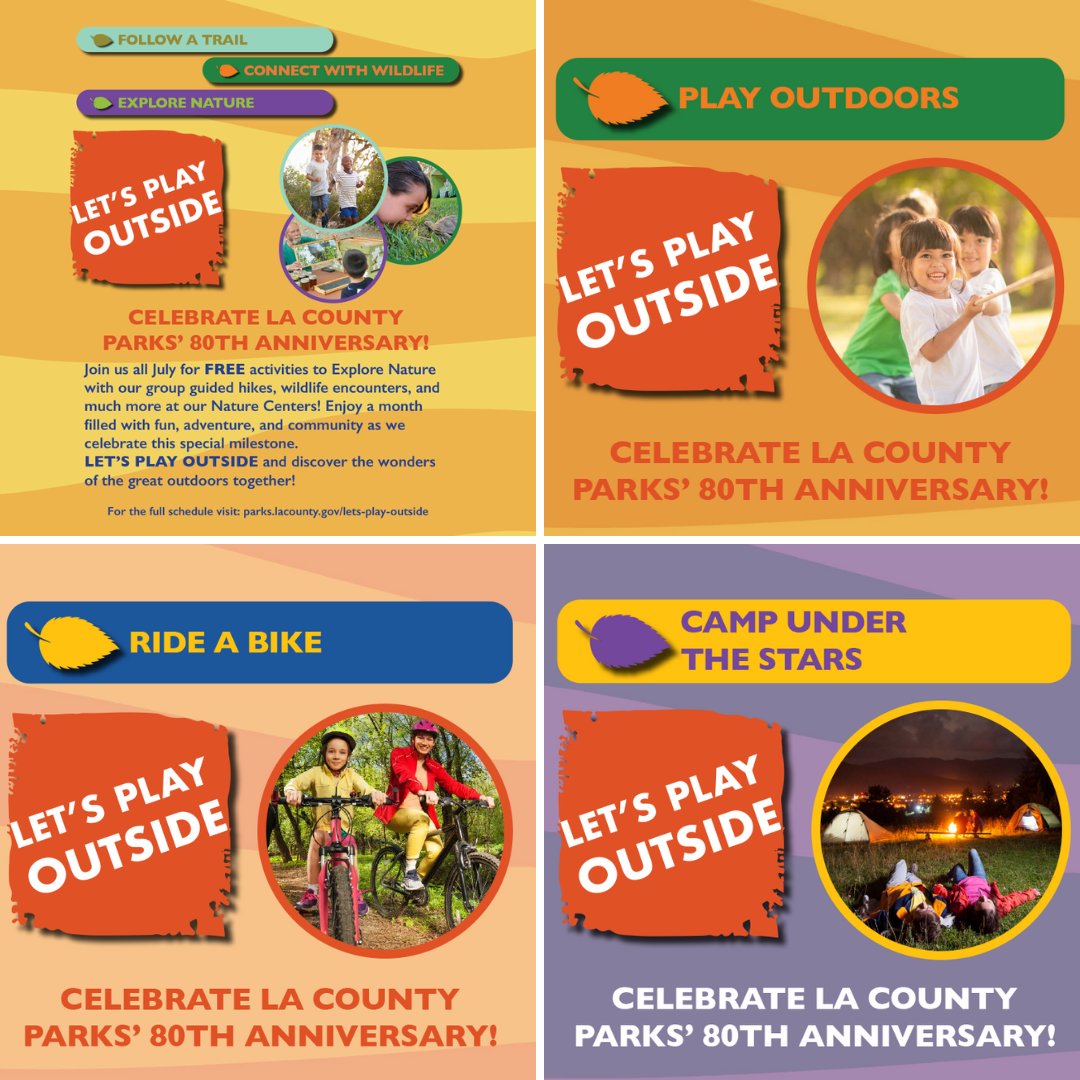 lacountyparks's tweet photo. 🌞There’s still time to celebrate LA County Parks’ 80th anniversary in July by participating in ‘Let’s Play Outside’ free outdoor activities!🌿

For the full schedule, visit: https://t.co/7Xn5LXVk1g https://t.co/adBDOvWRUG