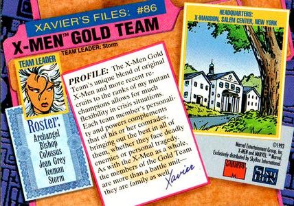 AustinGorton's tweet photo. Card 086: X-Men Gold
The cardback makes the distinction that the Gold team is mostly OG X-Men & new recruits, though that's really just Bishop. If anything, the Blue Team is a better blend of "60/70s X-Men" & "80/90s X-Men".
#TradingCardADay #XM2 #XMen #XMenGold
Scans via @uxn https://t.co/hf7uqV3rTb
