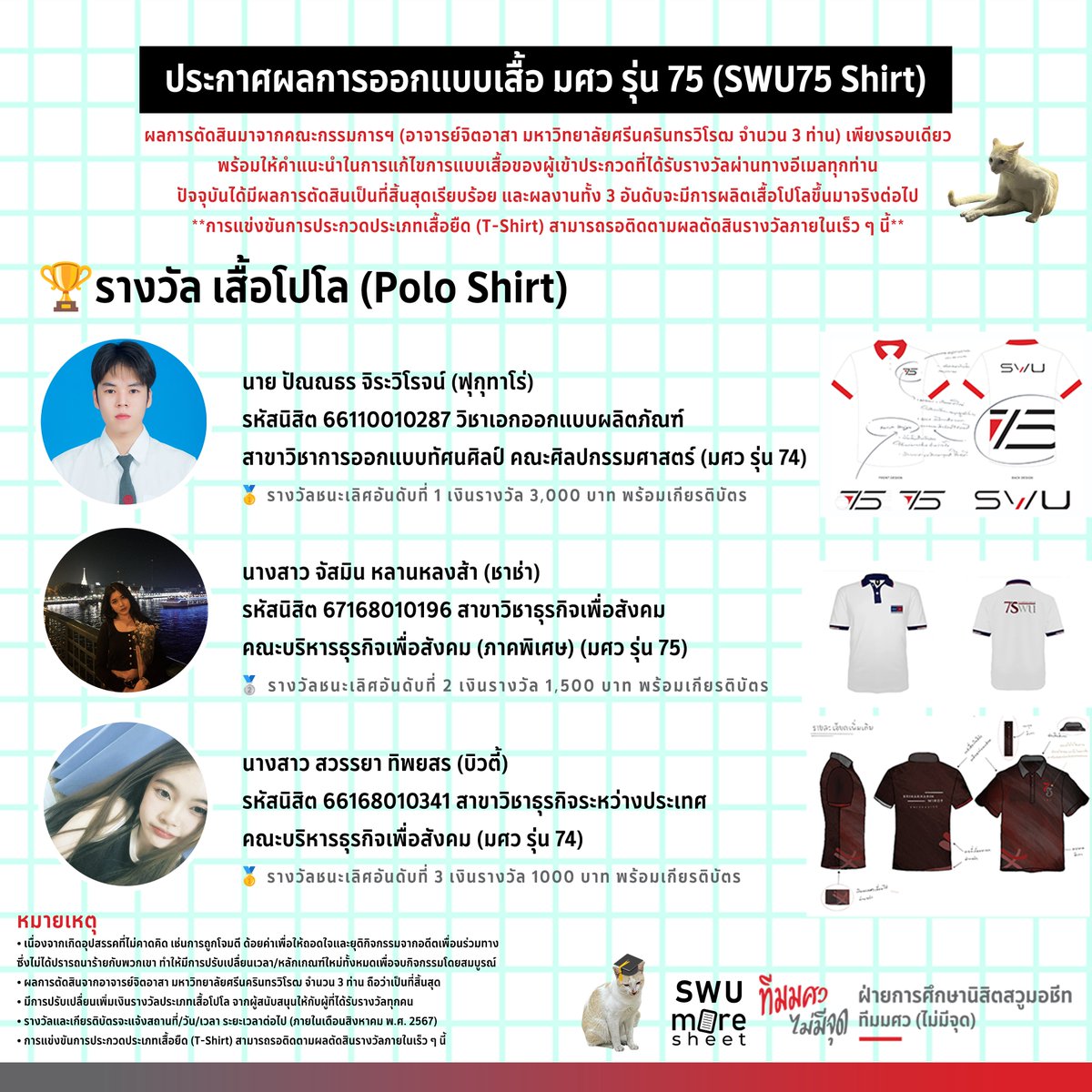 swu_maimeejut's tweet photo. ⭐️ ประกาศผลการออกแบบเสื้อ มศว รุ่น 75 (SWU75 Shirt) 💝
🏆 รางวัล เสื้อโปโล (Polo Shirt) รางวัลชนะเลิศทั้ง 3 อันดับพร้อมเกียรติบัตร

• การแข่งขันการประกวดประเภทเสื้อยืด (T-Shirt) สามารถรอติดตามผลตัดสินรางวัลภายในเร็ว ๆ นี้

#ทีมมศว #SWU75 #SWUmoresheet https://t.co/Ck9OmOJrRW