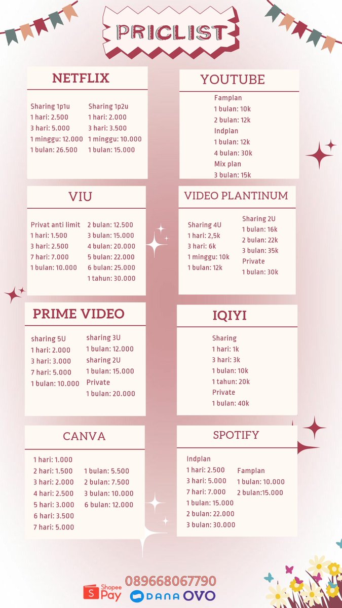 thvyyna's tweet photo. lagi open nich ridii netflix spotify youtube viu disney wetv prime video capcut vidio, premium murce 
💯Bergaransi 
🌈trusted since 2022
✨tsti 1000+
💸Dana, shoopepay, gopay, ovo, qris, bca ya
📩 Order? Langsung dm/wa yaw
https://t.co/wfU9T0kvL8…  
#zonajajan #zonauang  #ZonaBA https://t.co/GH4nlvugeE