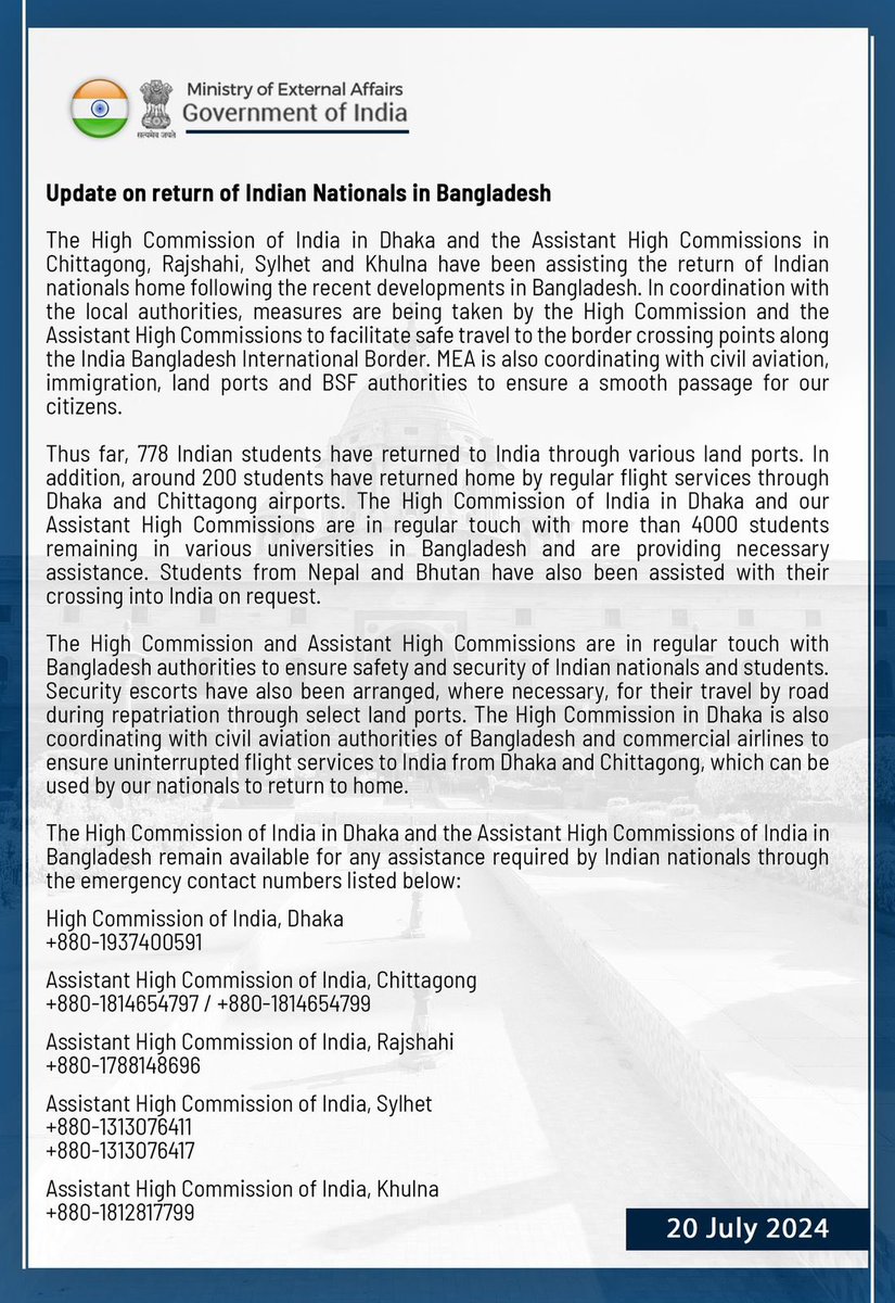 NBirenSingh's tweet photo. I have personally communicated with Hon’ble Union Minister of External Affairs, Shri @DrSJaishankar ji on the developing situation in Bangladesh, and we are coordinating on arranging a safe return of Manipuris back to the country. 

The situation is being closely monitored by Hon’ble Union Minister, Shri @DrSJaishankar ji himself, and I really appreciate the steps he has taken for providing safe passage for all the Indian citizens from Bangladesh.