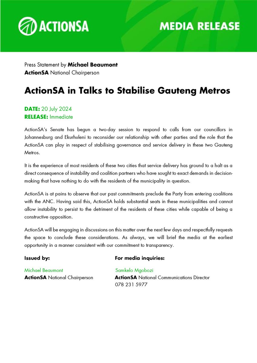 ActionSA_LP's tweet photo. Press Statement by @ME_Beaumont 
ActionSA National Chairperson 

ActionSA in Talks to Stabilise Gauteng Metros 

DATE: 20 July 2024
RELEASE: Immediate https://t.co/qApQd5HM7V