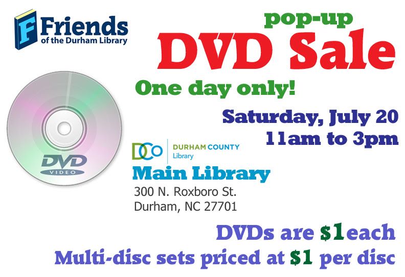 FODLNC's tweet photo. We have deals galore today at our DVD pop-up sale at Main Library. We will be here until 3 pm. We have DVDs, DVD sets, games, puzzles, romance novels and beach reads at low prices. Stop by and stock up. All proceeds will benefit the Durham County Library’s programs and employees. https://t.co/at0S0PMyUW