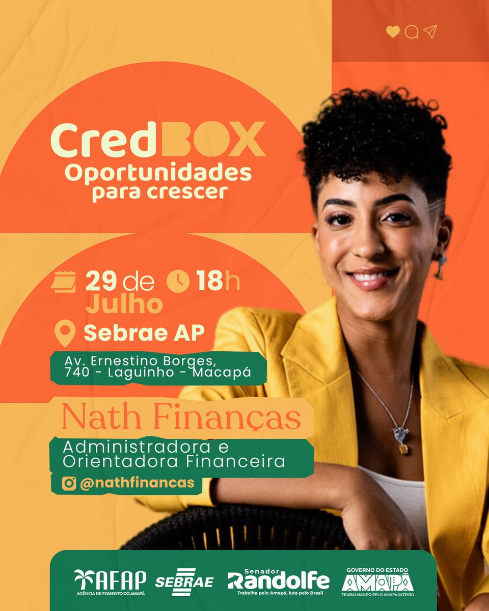 afap_amapa's tweet image. Prepare-se para crescer!

Teremos um encontro imperdível com Nath Finanças. Uma oportunidade única de aprender e se inspirar com uma das maiores referências atuais em finanças pessoais do Brasil!

Não perca!
#Credbox #NathFinanças #OportunidadesParaCrescer