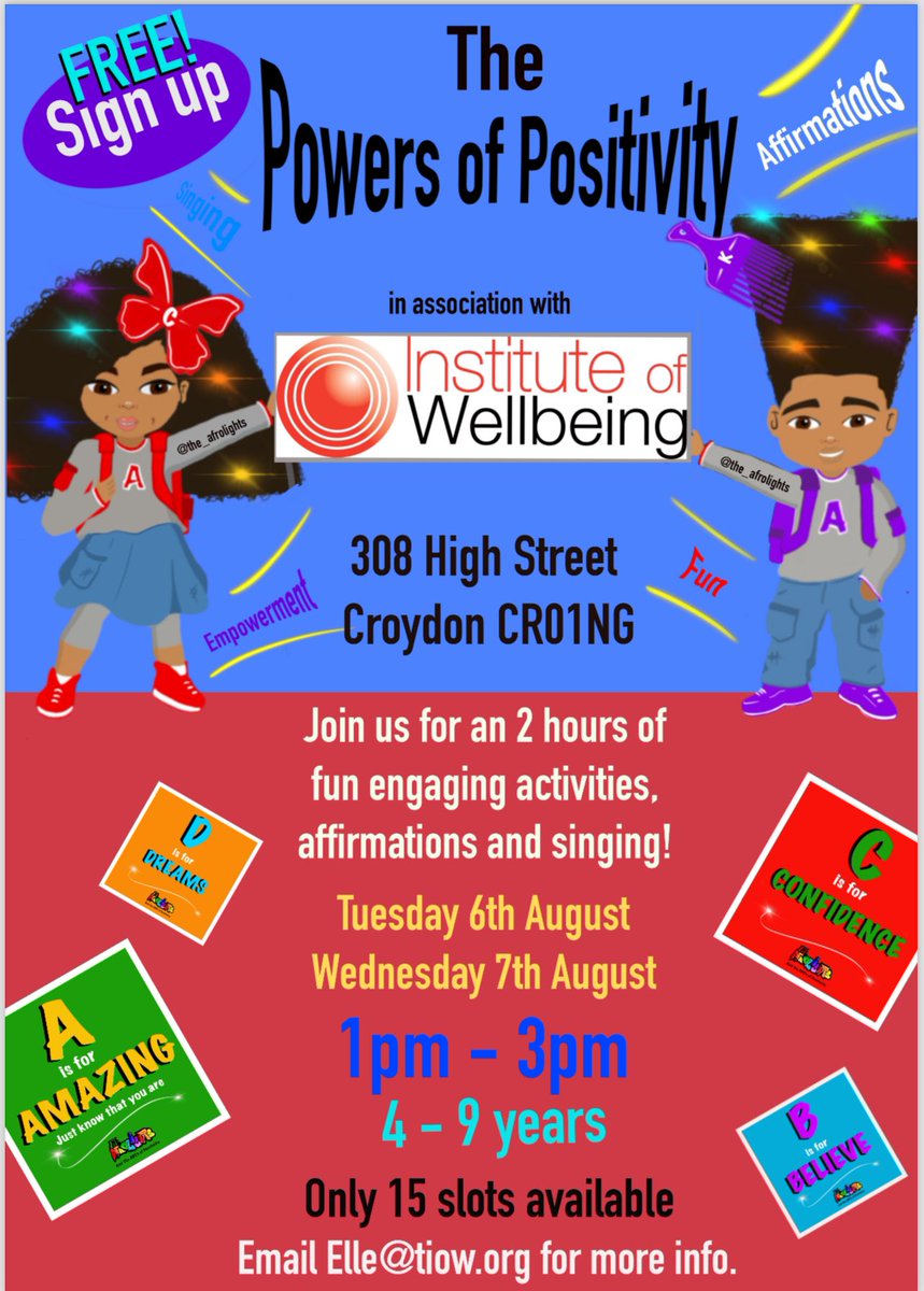The @the_afrolights are back again. Join our free summer 2 day event. Fun activities and positive affirmations packed into a 2 hrs session. Join now email: elle@tiow.org Only 7 spaces left each day. Book now to avoid disappointment. 
#start4life #loadthemup #positiveaffirmations