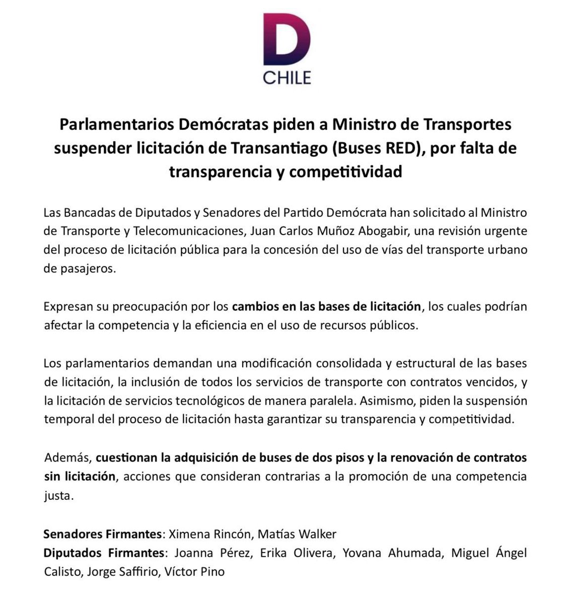 ximerincon's tweet photo. Parlamentarios Demócratas piden a Ministro de Transportes suspender licitación de Transantiago (Buses RED), por falta de transparencia y competitividad 
@matiaswalkerp 
@erikaoliverad 
@joannaperezolea 
@MiguelCalisto 
@JorgeSaffirio 
@dip_victorpinof 
@diputada_yovana 
@PDemocratasCL
