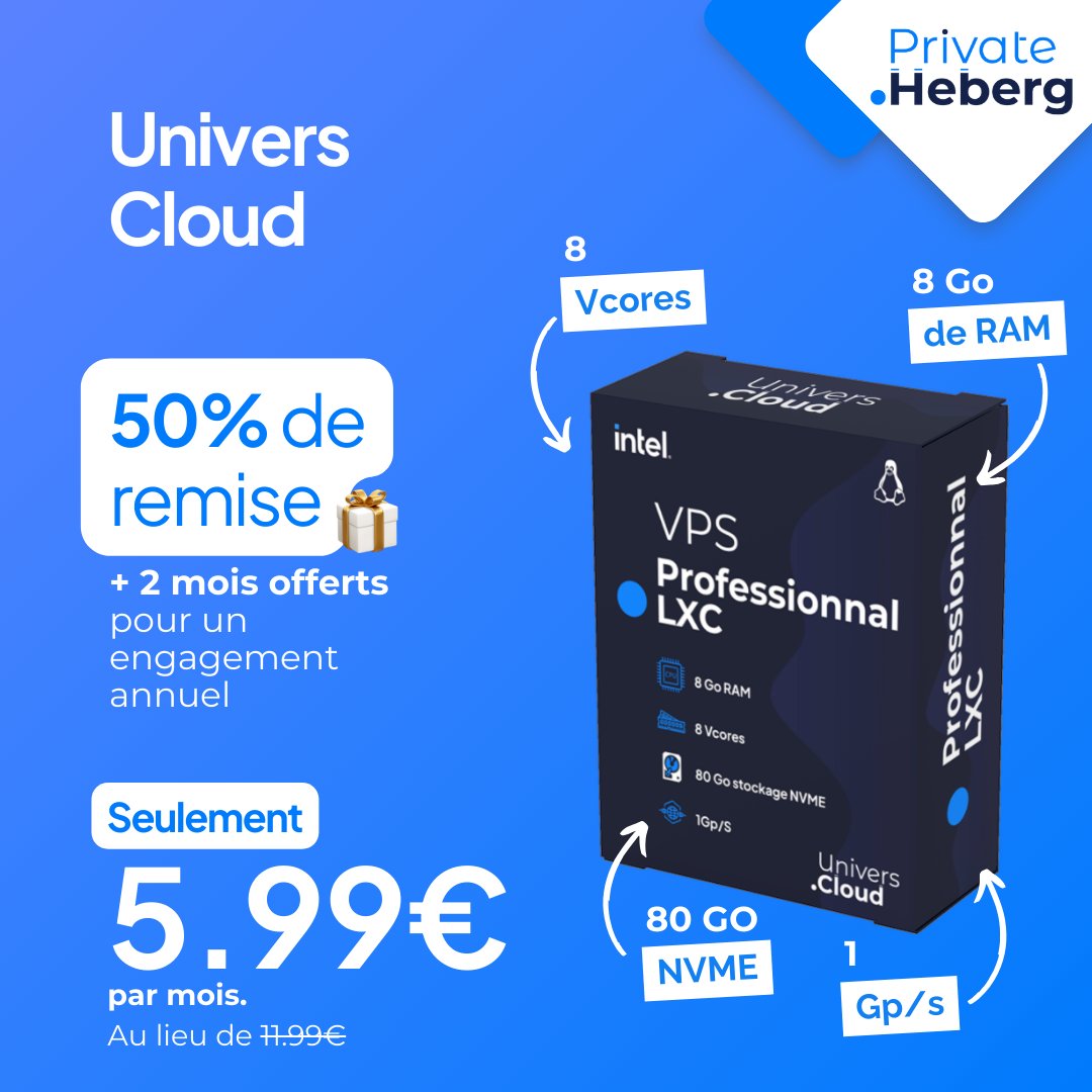 PrivateHebergFR's tweet photo. Pour seulement 5,99€/mois (au lieu de 11,99€), bénéficiez de 8 Go de RAM, 8 Vcores, 80 Go NVMe et 1 Gp/s de bande passante.
2 mois offerts pour tout engagement annuel !

🔗https://t.co/XIMukny0hA

#VPS #HebergementWeb #PrivateHeberg https://t.co/5NVe3wtwL6