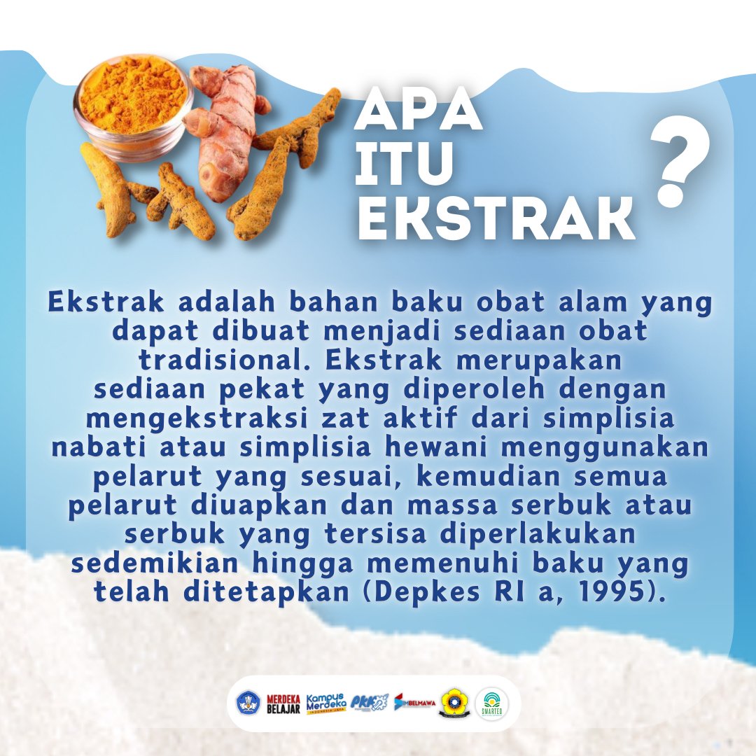 smartXexctrat28's tweet photo. [APA ITU EKSTRAK? ✨]

Halo, Smartzen! Apa kabarnya nih??
Kalian udah tau belum, apa itu ESKTRAK?

Esktrak adalah bahan baku obat alam yang dapat dibuat menjadi sediaan obat tradisional. 
Mari kenali lebih jauh tentang EKSTRAK dengan baca informasi yang ada di postingan https://t.co/IFVykPcx98