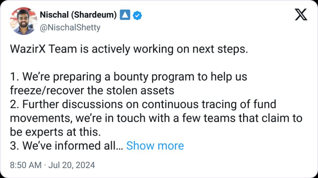 Ricardswo's tweet image. WazirX has launched a bounty program to recover assets stolen in a recent hack. The program offers rewards for information leading to the recovery of the stolen funds, aiming to enhance security and support affected users.

#WazirX #Crypto #BountyProgram #Hack #Security…
