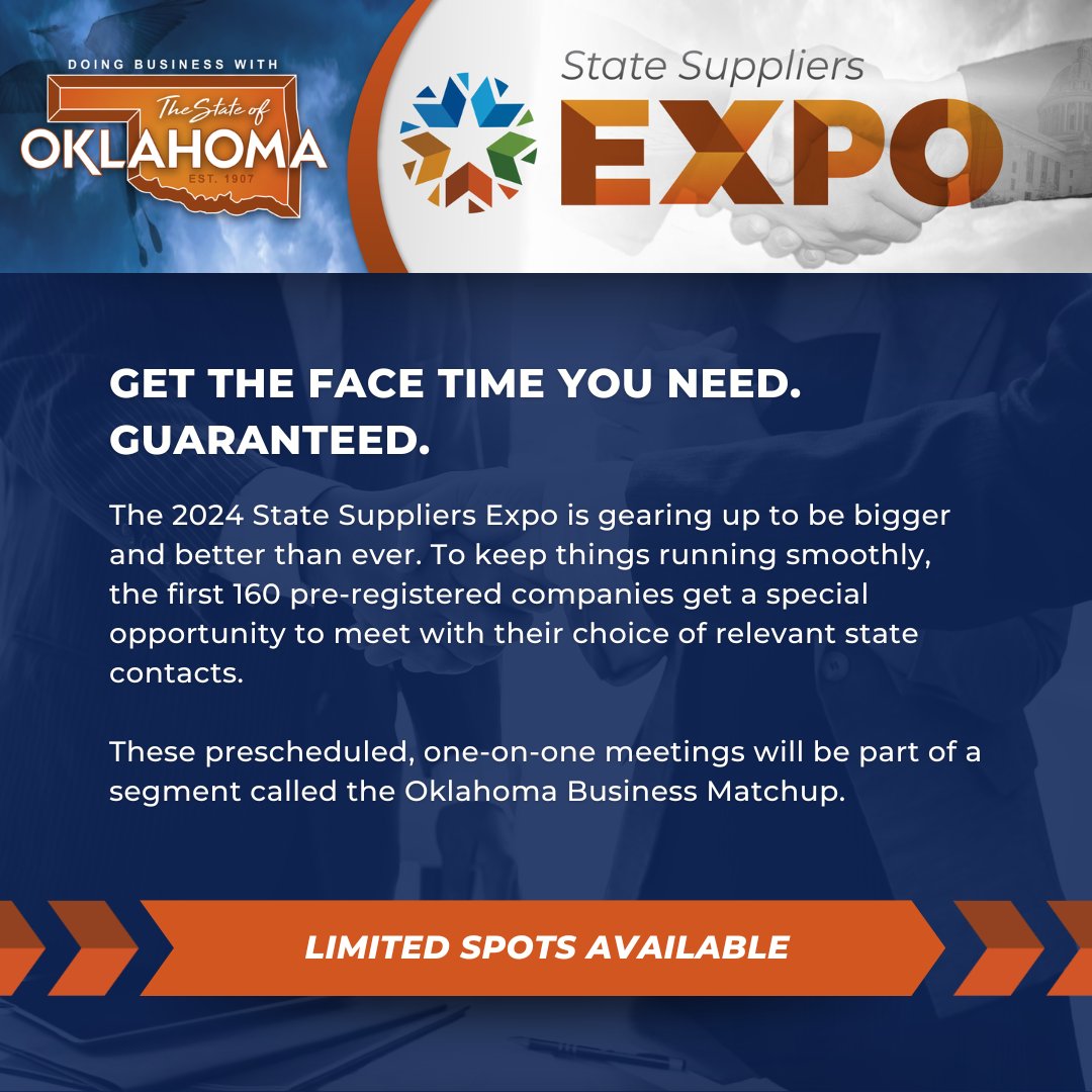 OklahomaOMES's tweet photo. For this year’s State Suppliers Expo, we’re excited to introduce a new segment: Oklahoma Business Matchup.
Pre-registration is open now through Sept. 6. Learn more and secure your spot at https://t.co/KbjvGa46Co.
#OMES #StateYourBusiness #StateSuppliersExpo #OklahomaBusiness https://t.co/SaC3lrJcms